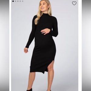 Black Ribbed Fitted Mock Neck Long Sleeve Maternity Midi Dress